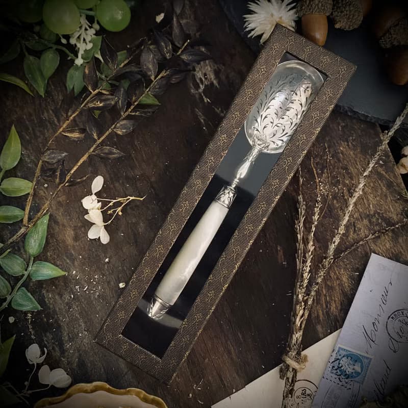 法國Art Nouveau時期 百年珍珠母貝柄 純銀糖粉/糖果/水果勺