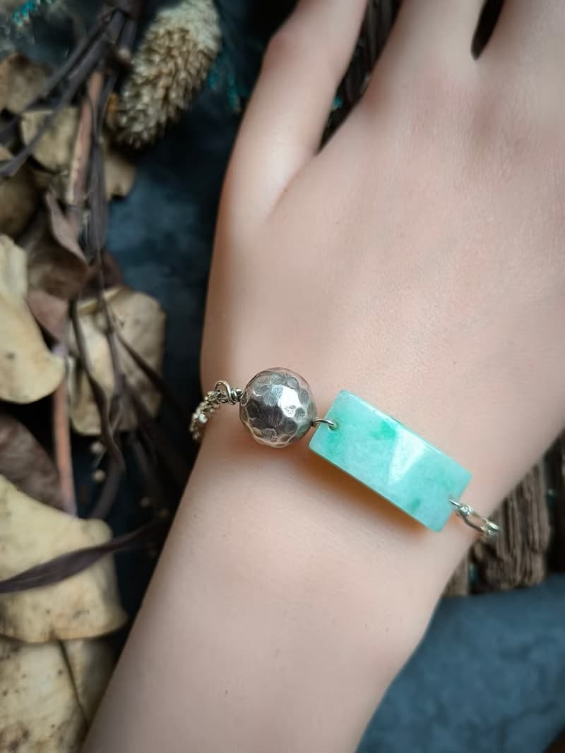 緬甸飄綠無事牌錘紋銀珠銀手鍊