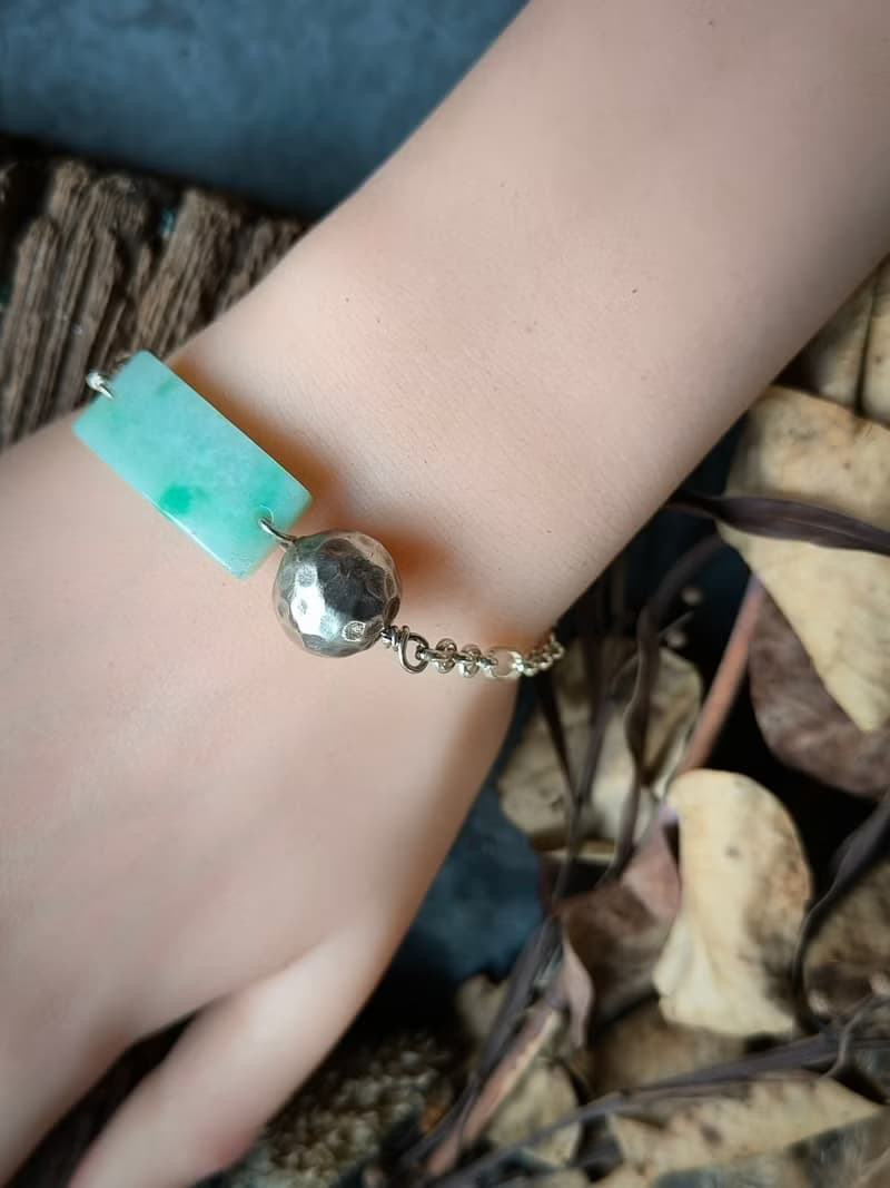 緬甸飄綠無事牌錘紋銀珠銀手鍊