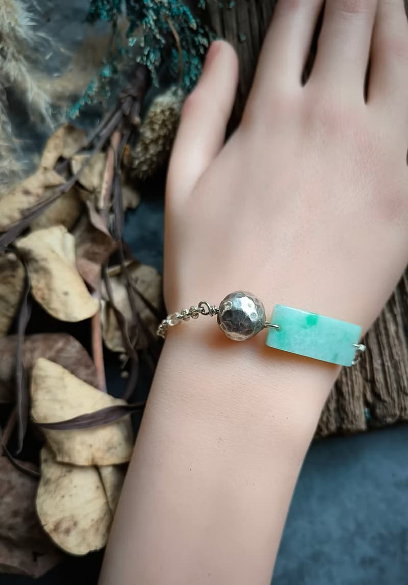 緬甸飄綠無事牌錘紋銀珠銀手鍊