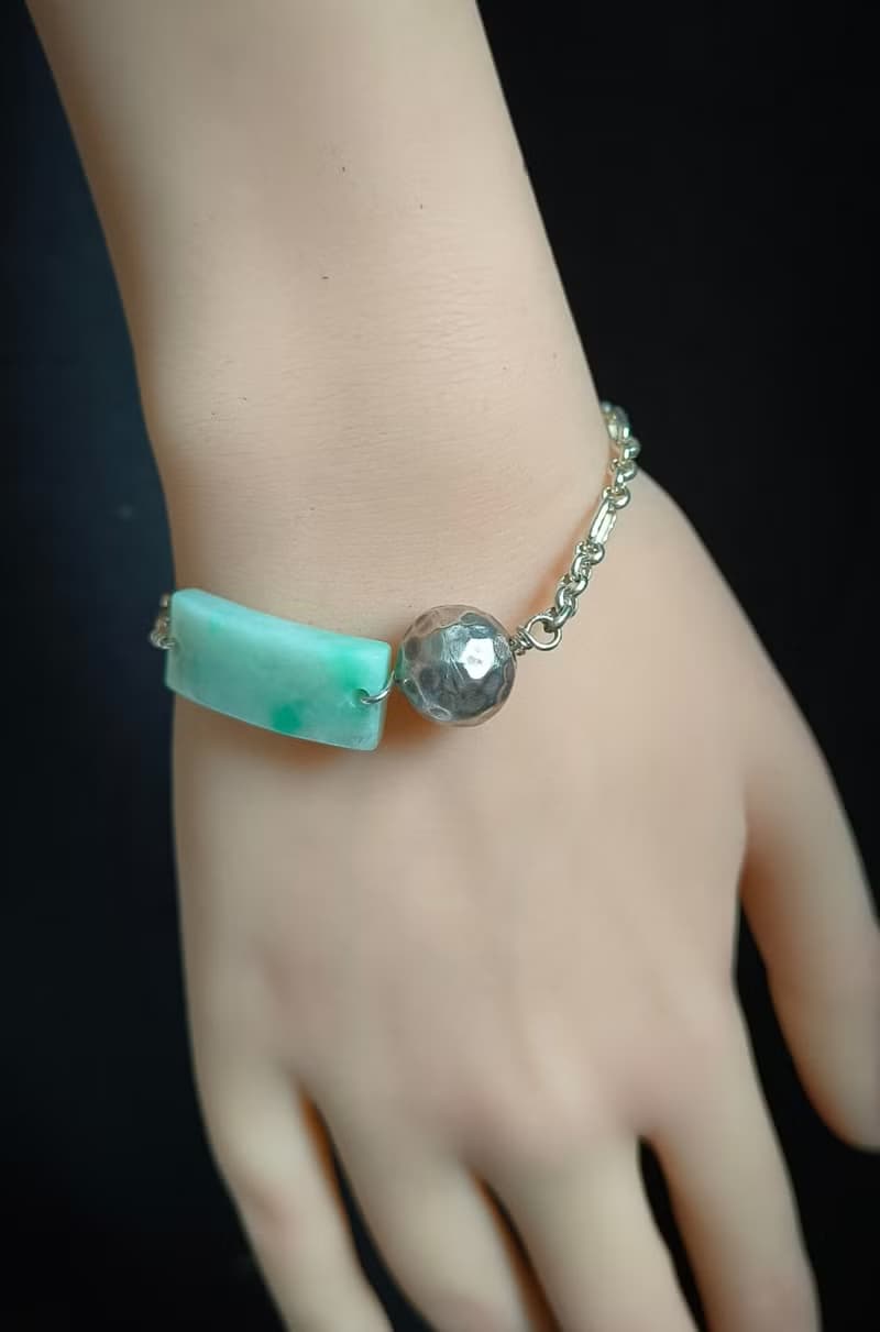 緬甸飄綠無事牌錘紋銀珠銀手鍊