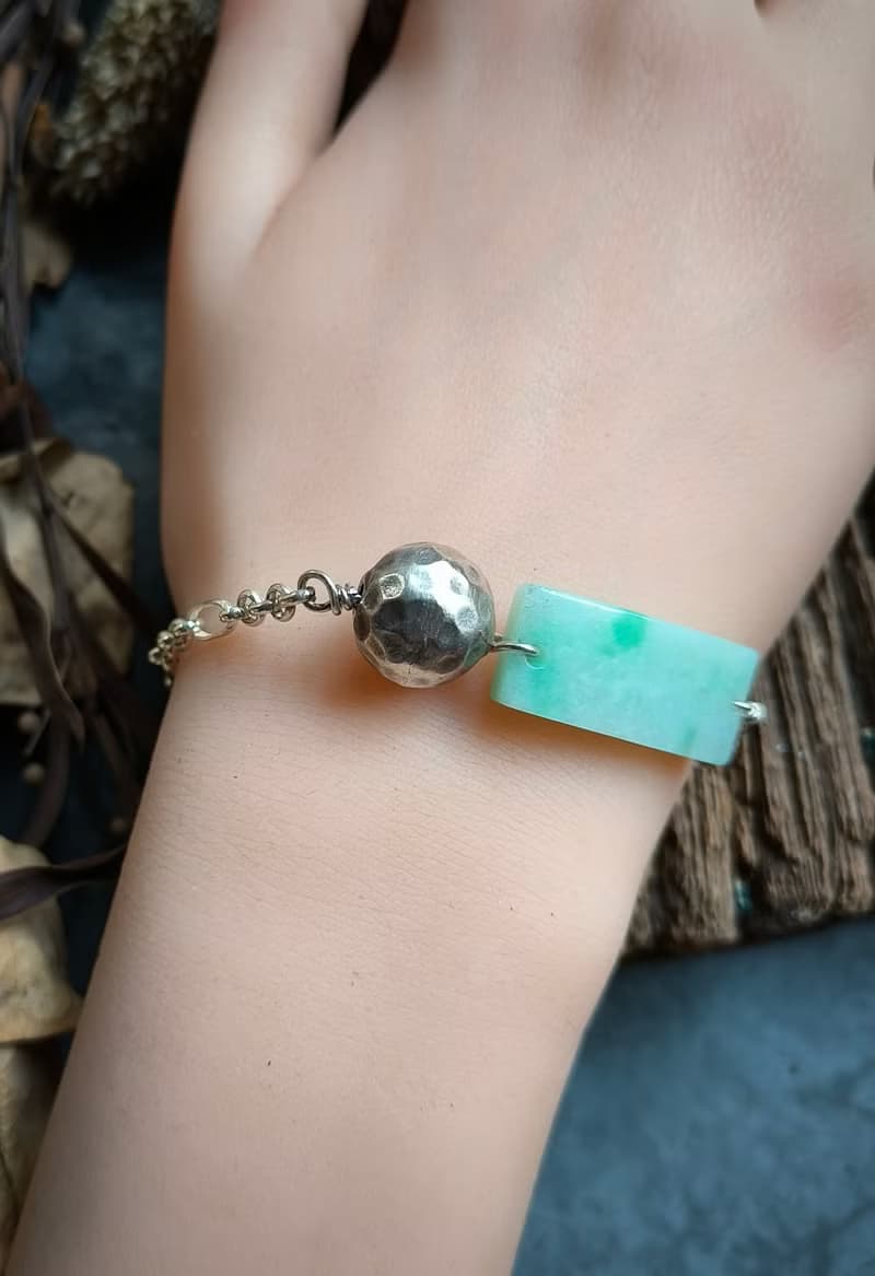 緬甸飄綠無事牌錘紋銀珠銀手鍊