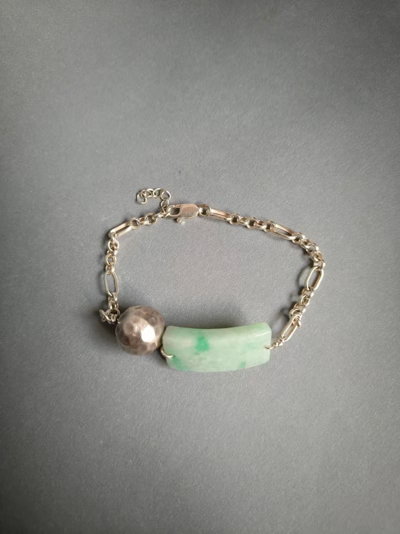 緬甸飄綠無事牌錘紋銀珠銀手鍊