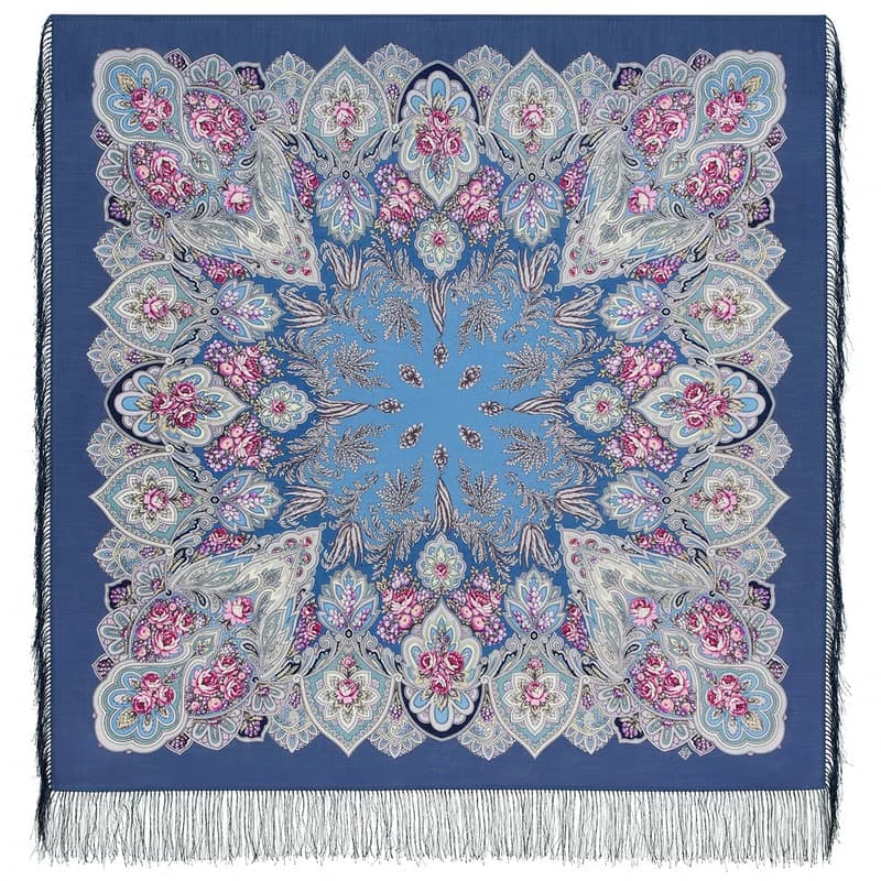 Pavlovo Posad Russian Shawl 100% Wool Scarf 125x125 cm Wrap Silk Fringe 2016-14