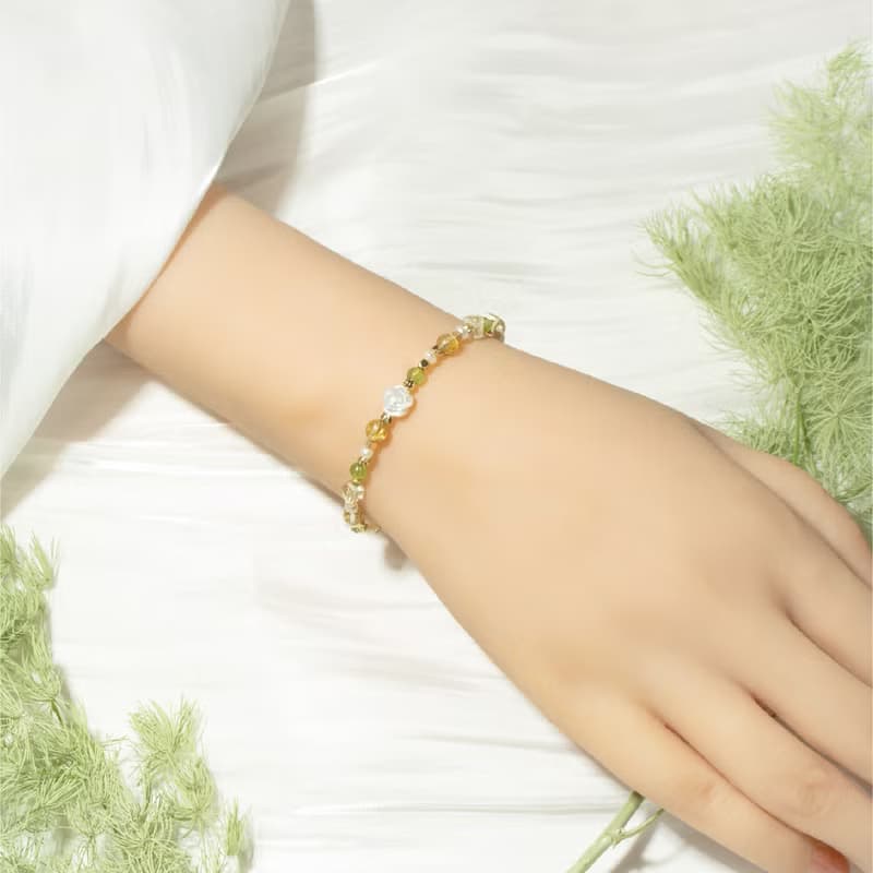 黃色玫瑰花 - 鈦晶 橄欖石 利比亞隕石 綠碧璽 白蝶貝 天然石手鍊