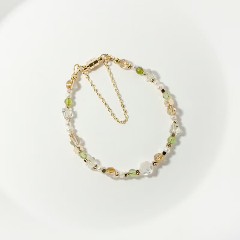 黃色玫瑰花 - 鈦晶 橄欖石 利比亞隕石 綠碧璽 白蝶貝 天然石手鍊