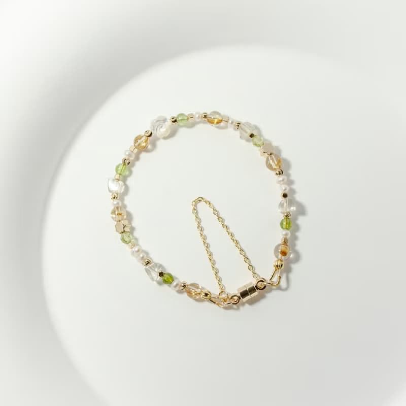 黃色玫瑰花 - 鈦晶 橄欖石 利比亞隕石 綠碧璽 白蝶貝 天然石手鍊