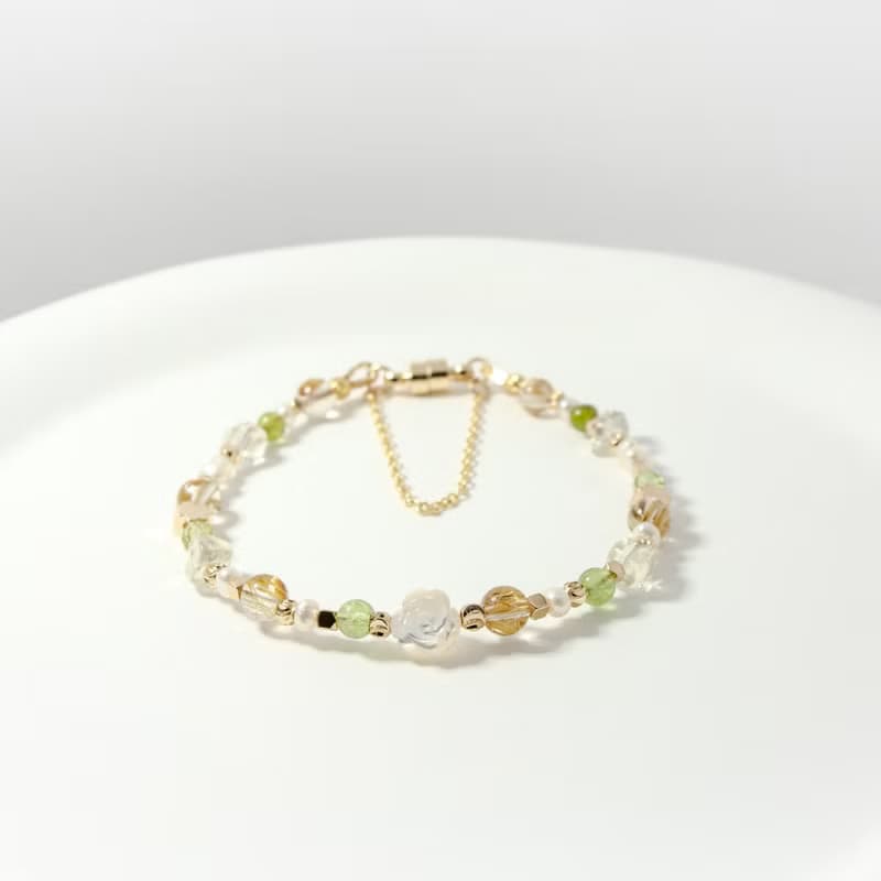 黃色玫瑰花 - 鈦晶 橄欖石 利比亞隕石 綠碧璽 白蝶貝 天然石手鍊