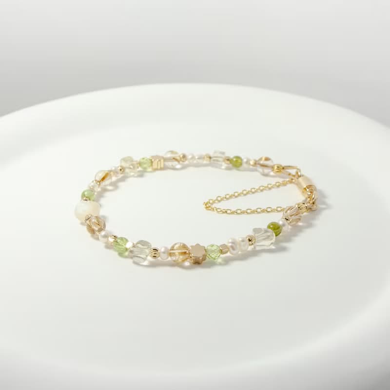 黃色玫瑰花 - 鈦晶 橄欖石 利比亞隕石 綠碧璽 白蝶貝 天然石手鍊