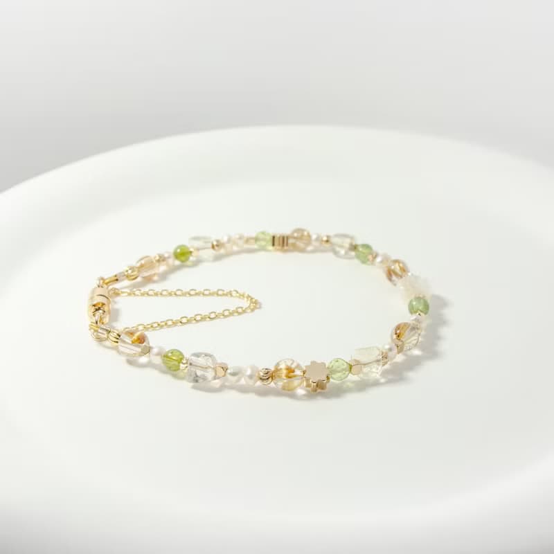 黃色玫瑰花 - 鈦晶 橄欖石 利比亞隕石 綠碧璽 白蝶貝 天然石手鍊