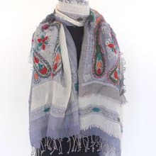 喀什米爾厚織水煮羊毛手工刺繡圍巾 - 莫蘭迪灰藍
