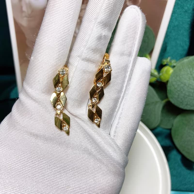 【西洋古董飾品】精緻菱形光澤交錯垂墜可晃動 萊茵鑲嵌 耳環耳夾