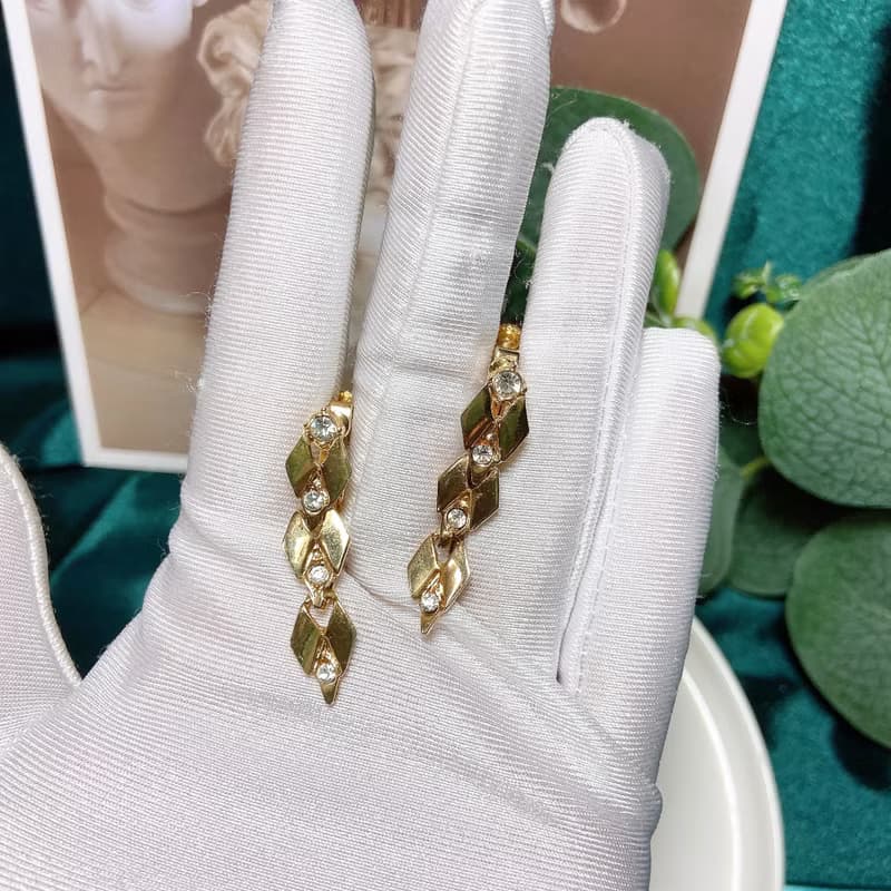 【西洋古董飾品】精緻菱形光澤交錯垂墜可晃動 萊茵鑲嵌 耳環耳夾