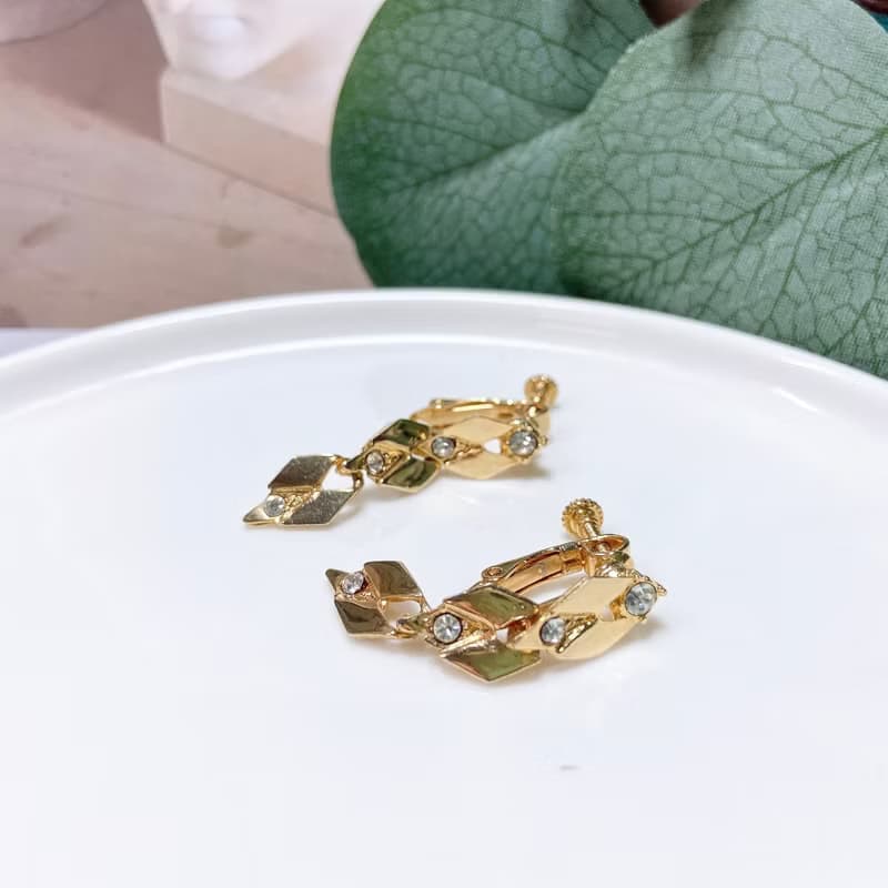 【西洋古董飾品】精緻菱形光澤交錯垂墜可晃動 萊茵鑲嵌 耳環耳夾
