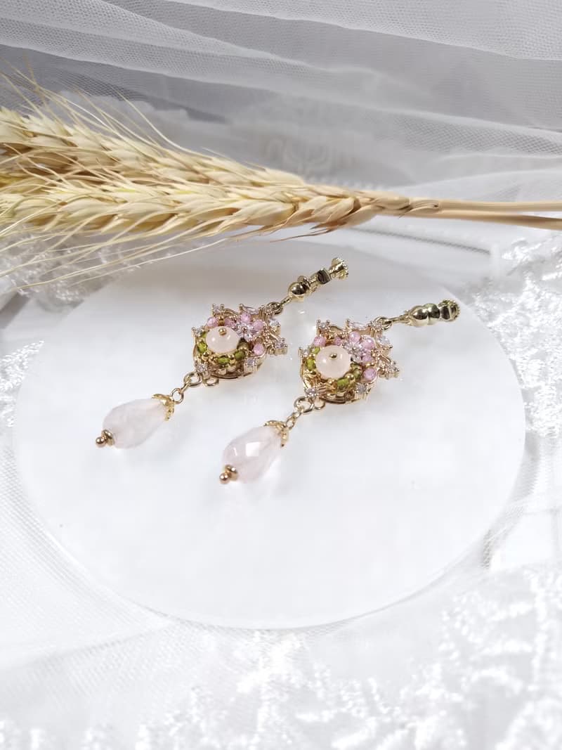 天然石系列【古典花園】夾式耳環 粉晶 芙蓉晶 鋯石