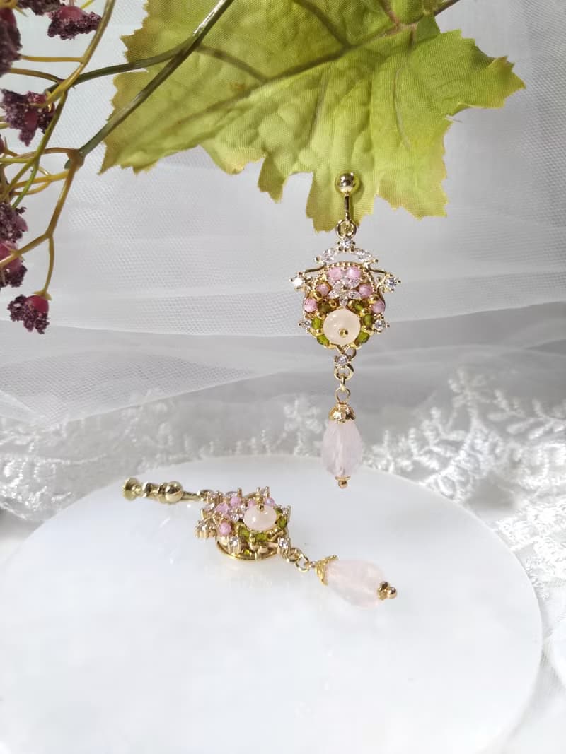 天然石系列【古典花園】夾式耳環 粉晶 芙蓉晶 鋯石