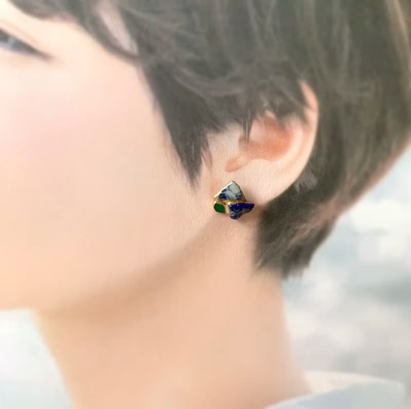 シー陶器 ラピスラズリ マラカイト 金継ぎ ピアス 天然石 陶器 ブルー 青 グリーン 緑 ゴールド 金 ホワイト 白 12月誕生石