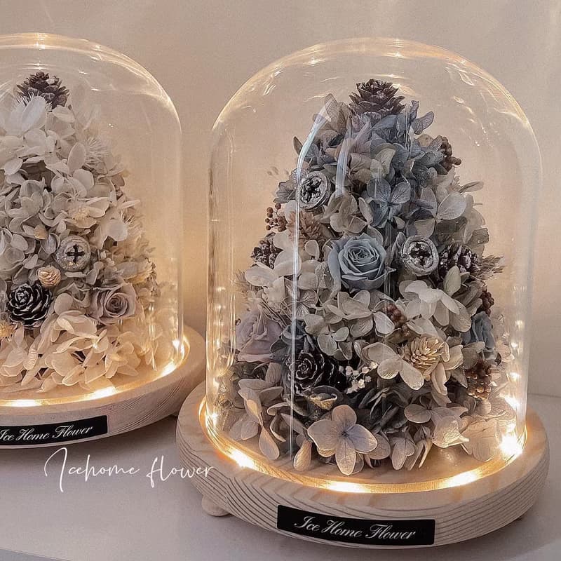 夜燈款永生白雪聖誕樹玻璃罩鐘 玻璃罩 大款 永生花 聖誕節