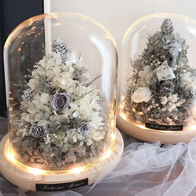 夜燈款永生白雪聖誕樹玻璃罩鐘 玻璃罩 大款 永生花 聖誕節