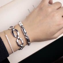 美國 Monet 品牌古董 扁鎖鏈與圓柱形 銀色手鍊手環