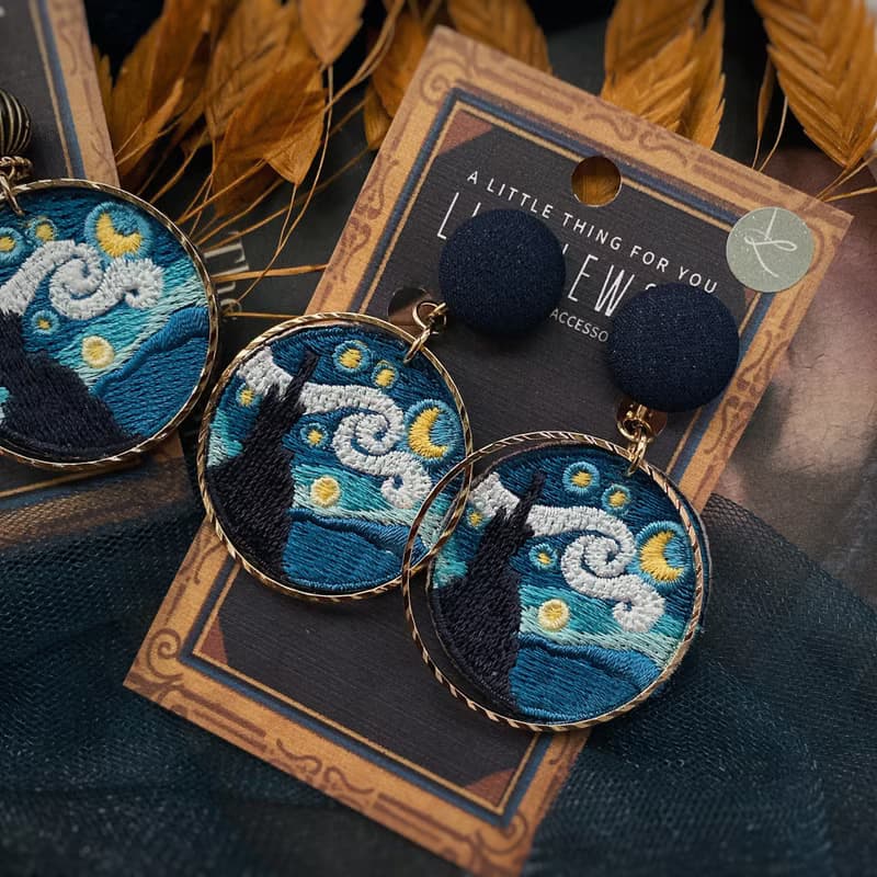 刺繡耳環 | 耳夾 / 耳釘 - 星夜