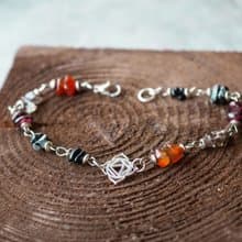 Root chakra stones bracelet, silver 925, carnelian, garnet, obsidian, tourmaline