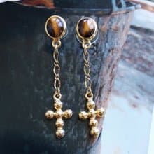 Vintage Jewelry 西洋古董飾品 小虎眼 垂墜金十字  針式耳環