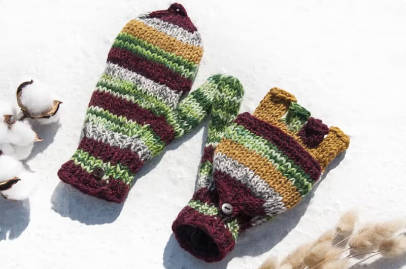 手織純羊毛針織手套/可拆卸手套/內刷毛手套/保暖手套-復古法國風