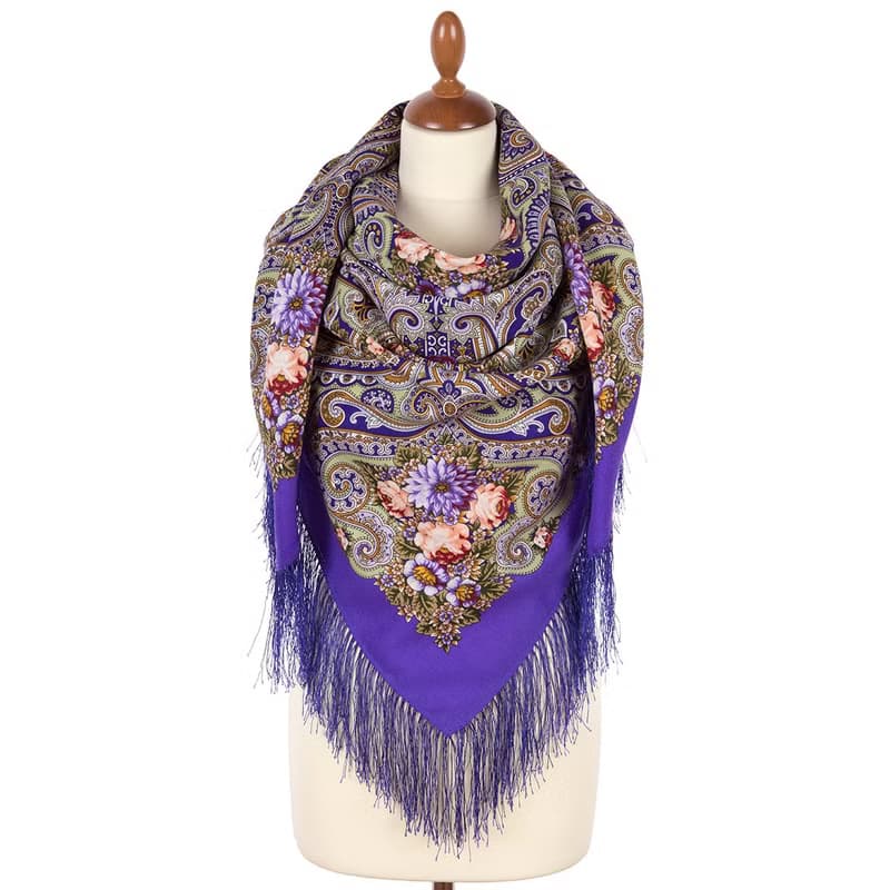 Pavlovo Posad Russian Shawl 100% Wool Scarf 125x125 cm Wrap Silk Fringe 2034-15