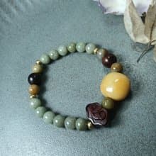 珠串雕刻手鍊-方圓無限 金絲玉+紫檀木+油青種緬甸玉