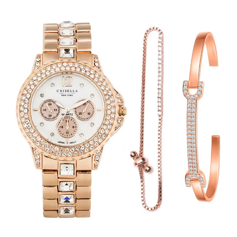 優雅閃爍鋯石金屬石英手錶配閃爍手鏈手鐲套裝