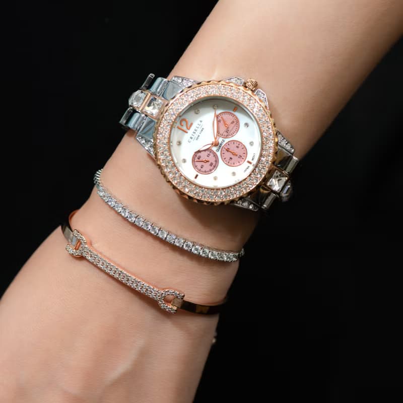優雅閃爍鋯石金屬石英手錶配閃爍手鏈手鐲套裝