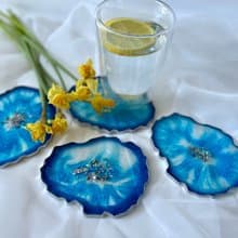 Aizen Blue agate geode coaster for table ware. 廚房收納 樹脂畫 杯墊 結婚禮物 茶具 托盤 喬遷禮物 藍染