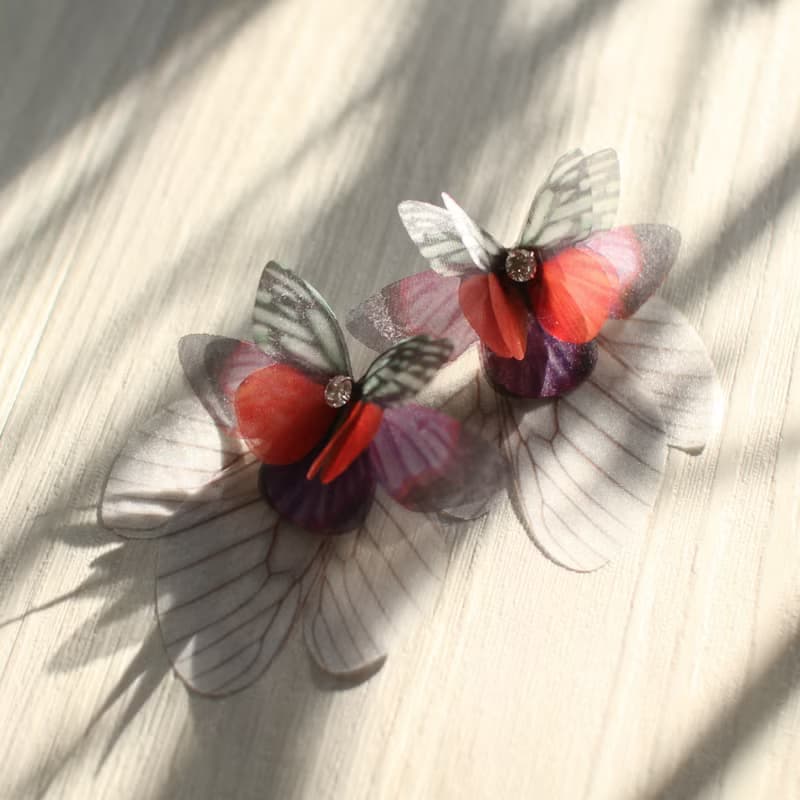 蝴蝶薄紗耳環一對&水鑽925銀耳針式 pierced or clip-on earring