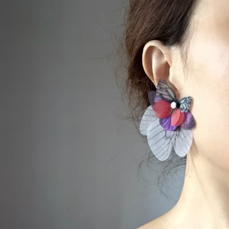 蝴蝶薄紗耳環一對&水鑽925銀耳針式 pierced or clip-on earring