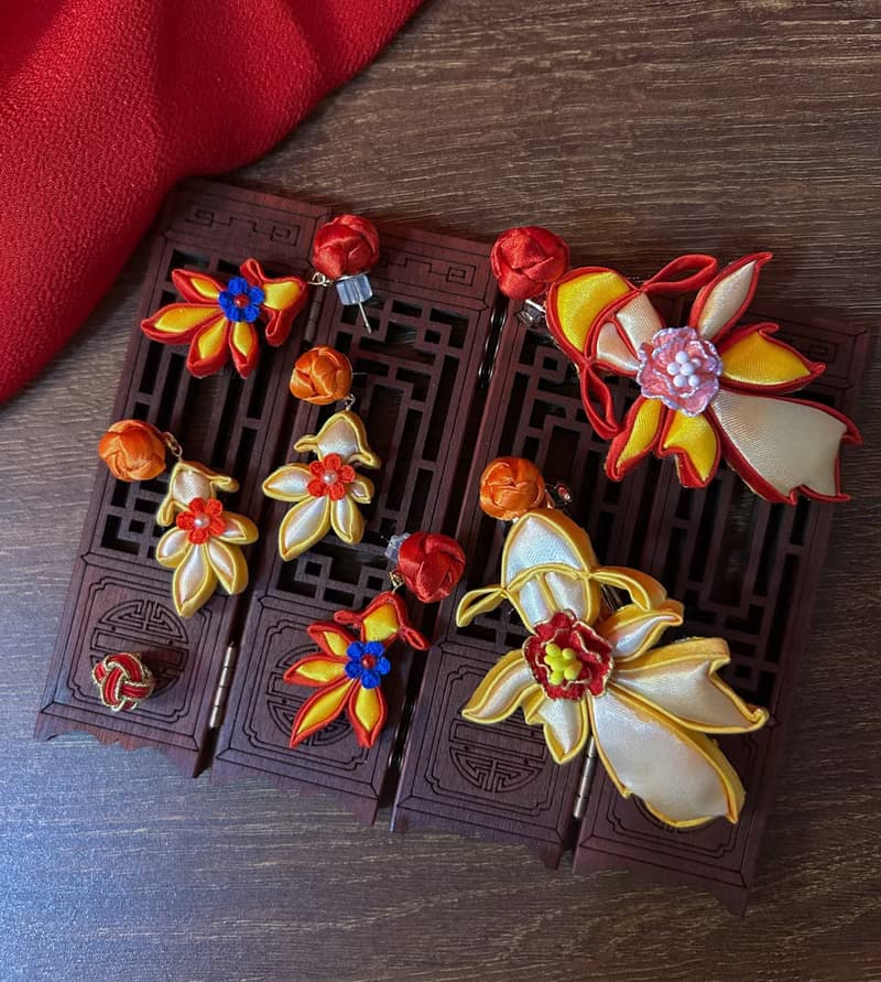 (細工布花 x 中國風) 花紐/盤扣 小金魚 耳環/耳夾