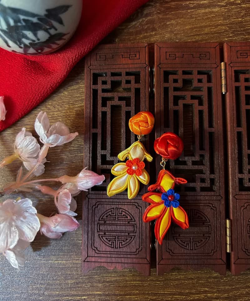 (細工布花 x 中國風) 花紐/盤扣 小金魚 耳環/耳夾