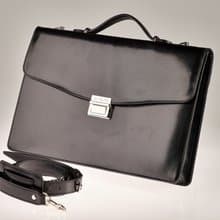 Black vegetable-tanned leather briefcase / nickel finish brass accessories