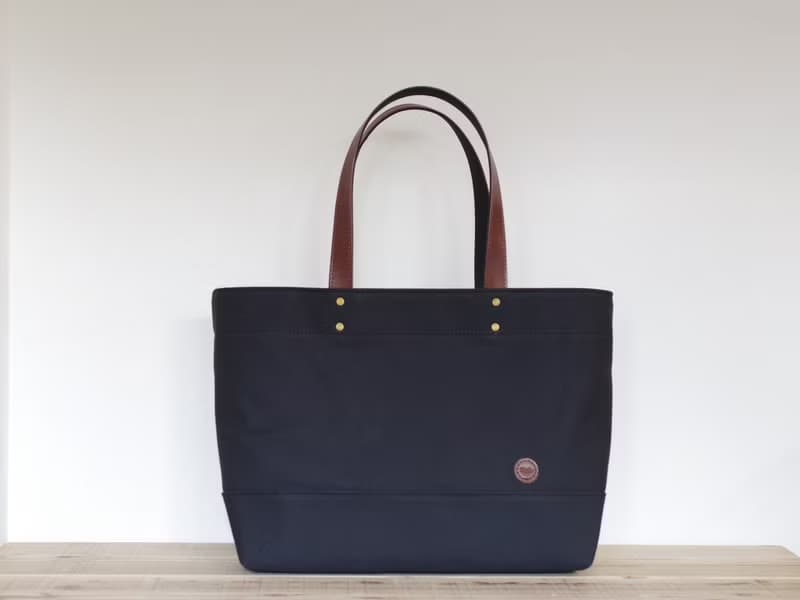 レザーハンドル帆布 (Ziptop) トートバッグ A4横長  ブラック