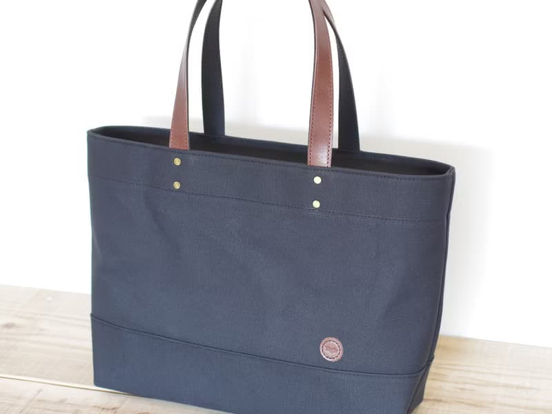 レザーハンドル帆布 (Ziptop) トートバッグ A4横長  ブラック