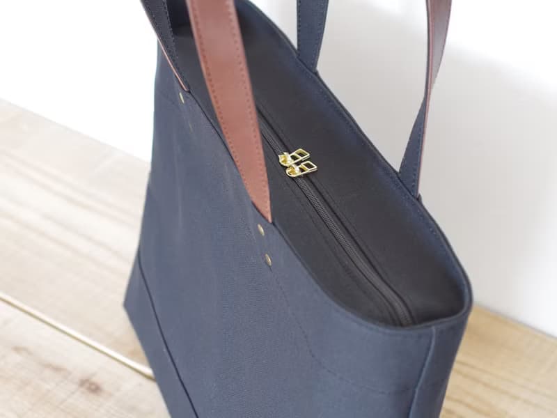 レザーハンドル帆布 (Ziptop) トートバッグ A4横長  ブラック