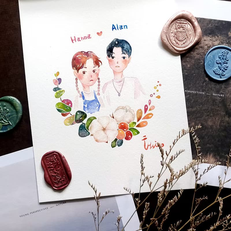 【可愛風 - 棉花花環】似顏繪 - 7吋(無框)