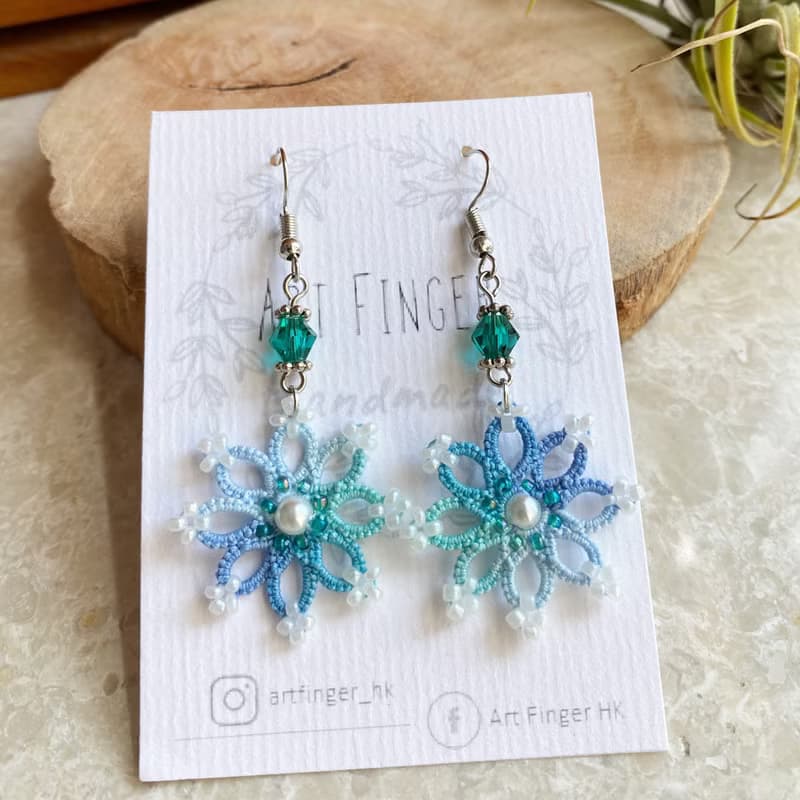 雪花漸變藍色耳環 Tatting earrings 耳針 耳鈎 耳環 梭織 禮物