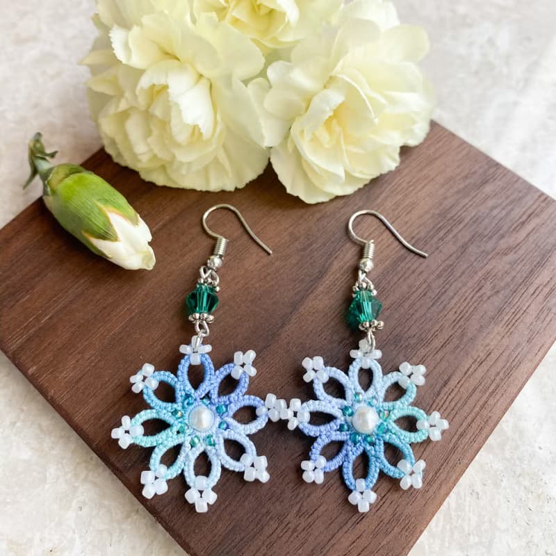 雪花漸變藍色耳環 Tatting earrings 耳針 耳鈎 耳環 梭織 禮物