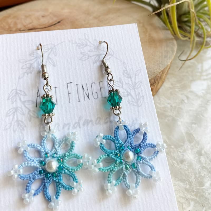 雪花漸變藍色耳環 Tatting earrings 耳針 耳鈎 耳環 梭織 禮物