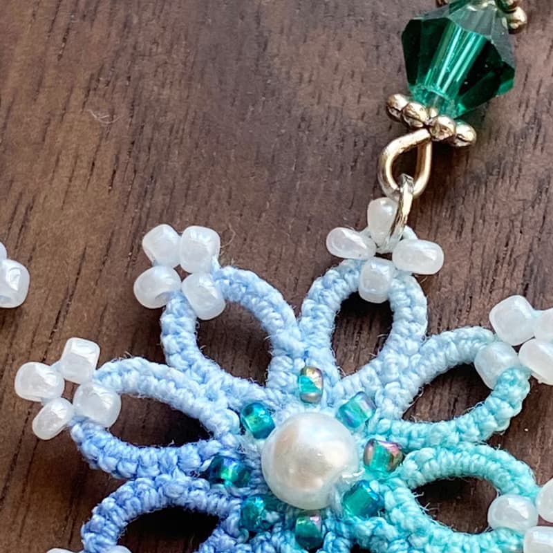 雪花漸變藍色耳環 Tatting earrings 耳針 耳鈎 耳環 梭織 禮物