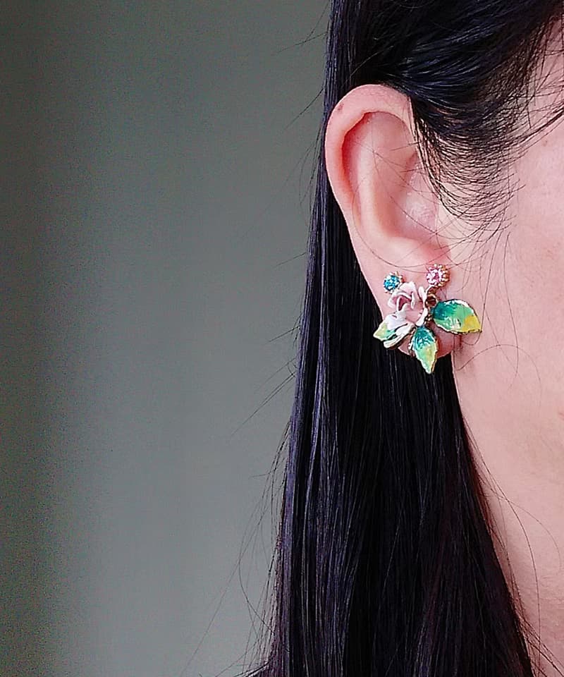 vintage jewelry  花卉琺瑯萊茵夾式耳環