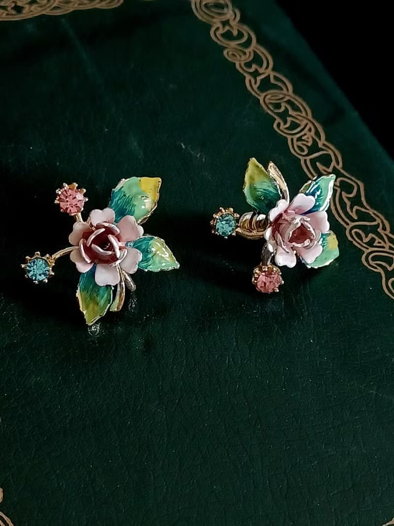 vintage jewelry  花卉琺瑯萊茵夾式耳環