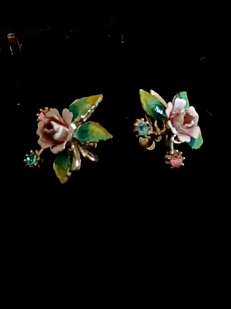 vintage jewelry  花卉琺瑯萊茵夾式耳環