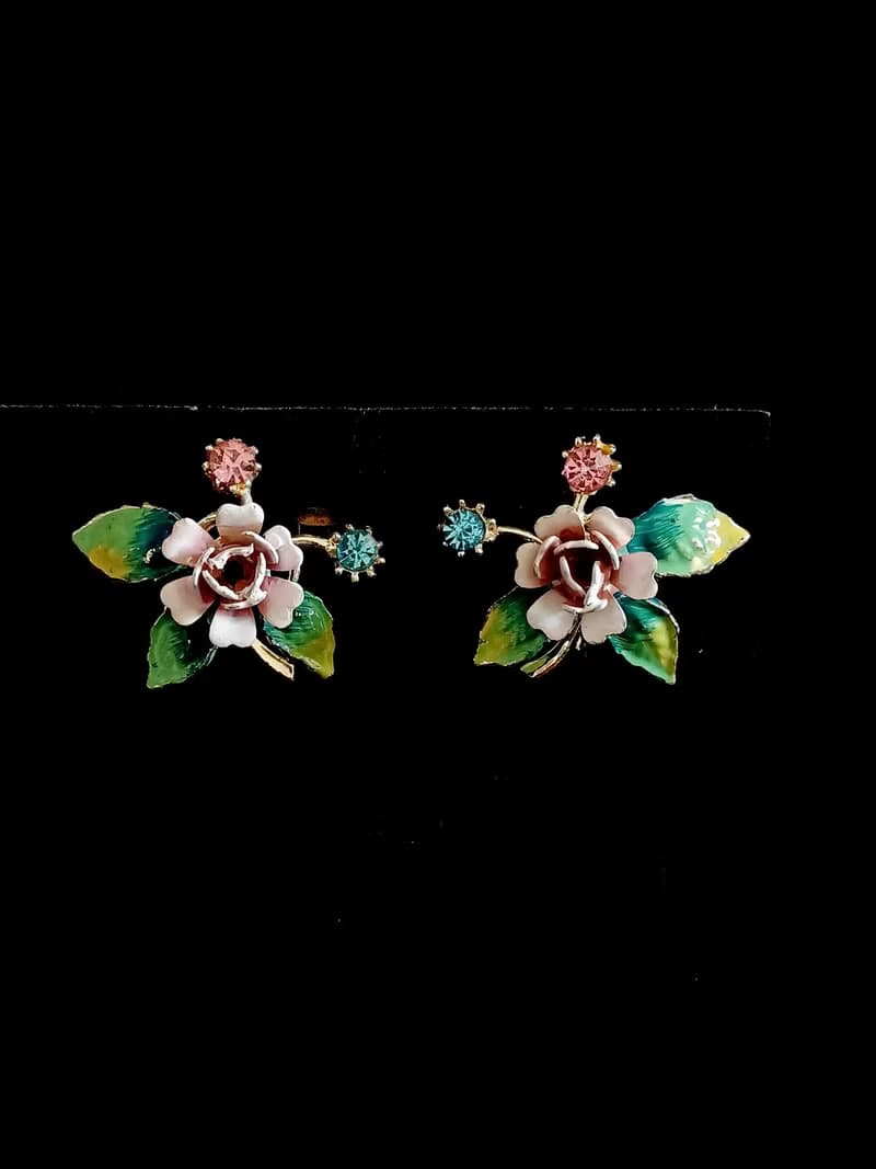 vintage jewelry  花卉琺瑯萊茵夾式耳環